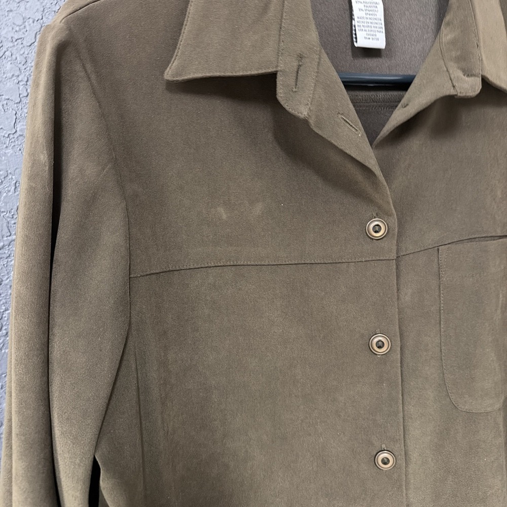 Sag Harbor Faux Suede Button-Down Shirt Jacket Womens Size 10P Green Long Sleeve - Picture 4 of 8